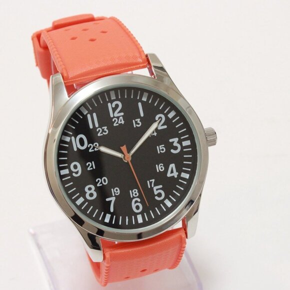 Men's Quartz Field Watch Silver Case Orange Tropical Rubber Strap 42mm - Picture 2 of 15